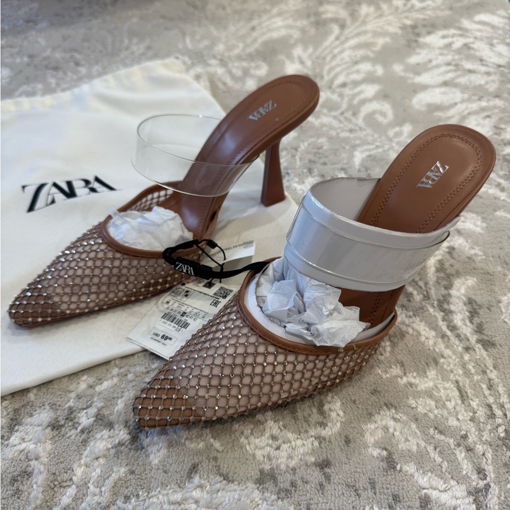Zara Women's Tan Mesh and Clear Strap Heels